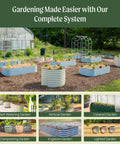 Olive Green 17 Inch Tall 6 In 1 Modular Metal Raised Garden Bed Kit For Vegetables And Flowers Yard Friendly Patio Ground Planter Box With Flexible Configurations DIY Ready setup with multiple garden beds in an outdoor setting.