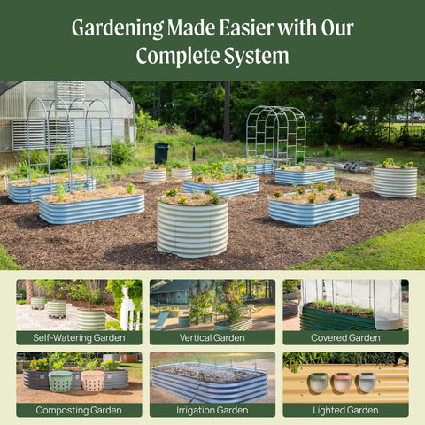 Olive Green 17 Inch Tall 6 In 1 Modular Metal Raised Garden Bed Kit For Vegetables And Flowers Yard Friendly Patio Ground Planter Box With Flexible Configurations DIY Ready setup with multiple garden beds in an outdoor setting.