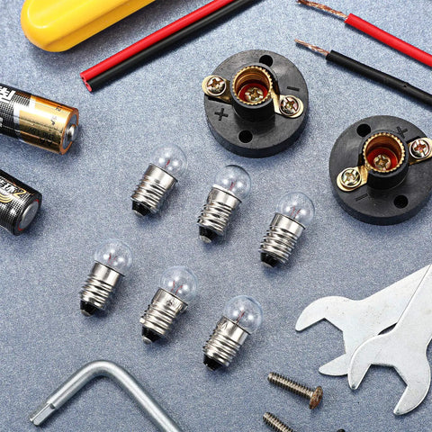 E10 Mini Bulbs With Socket Holder 1.5V 0.3A Warm White Lighting For DIY Projects with tools and components displayed