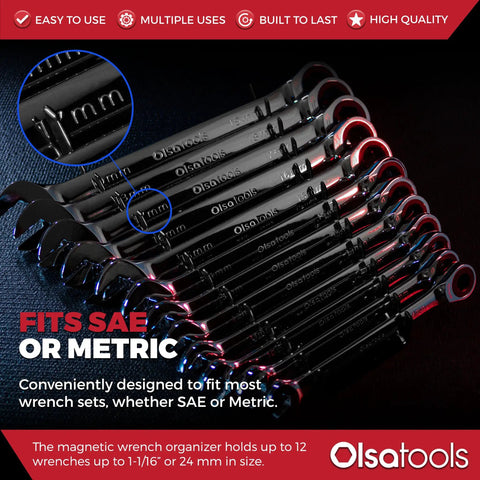Must Have 12 Slot Wrench Organizer With Magnetic Backing Wall Mount Rack holding SAE and Metric wrenches in garage