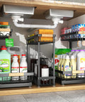 Score Big On Home Organization With This Hella Spacious Three Pack Under Sink Organizer Height Adjustable Storage Rack In Black for cleaning supplies.