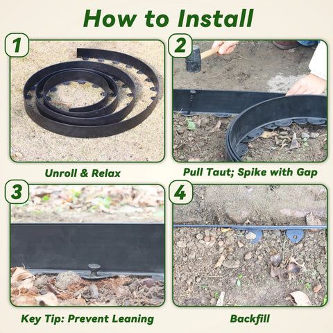 Installation steps of Plastic Landscape Edging Kit for Flower Beds and Pathways, 40 Foot Long and 3 Inch Tall, with spikes in soil.