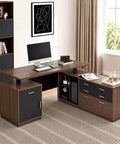 Fly Setup L Shaped Electric Standing Desk With Drawers And USB Charging Ports Dead Quiet Programmable Memory Height Adjustable Executive Workstation Built Tough For Smooth Posture Switches, featuring a sleek brown finish and drawers.