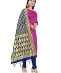 Woman wearing Pink Banarasi Silk Dress Material Set for Women with Navy Bottom and Navy Dupatta Unstitched Top 2m Bottom 2.3m Dupatta 2.25m