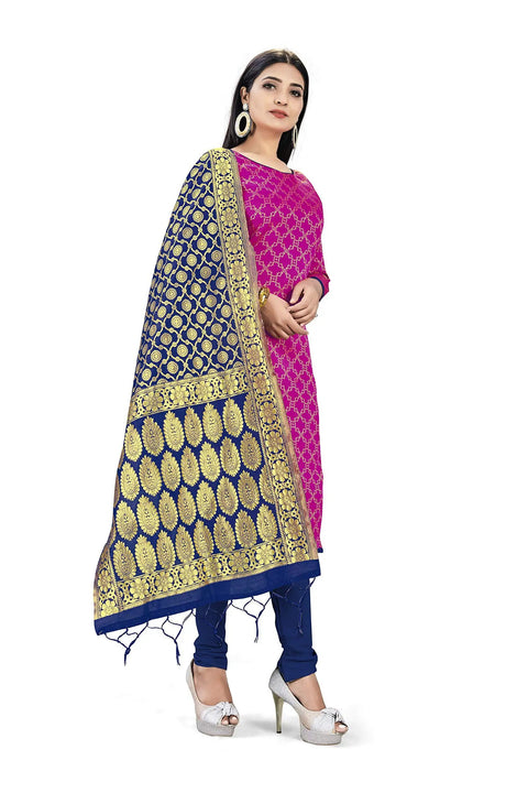 Woman wearing Pink Banarasi Silk Dress Material Set for Women with Navy Bottom and Navy Dupatta Unstitched Top 2m Bottom 2.3m Dupatta 2.25m