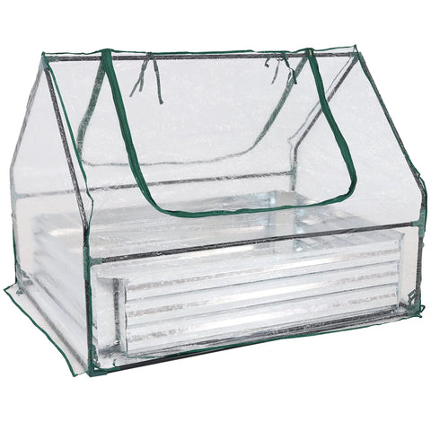 Steel Raised Garden Bed With Mini Greenhouse Cover For Outdoor Growing, clear weatherproof top, two zippered doors visible