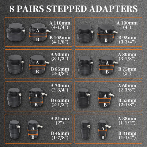 Amazon Yuesstloo turbo leak tester kit with 8 pairs of stepped adapters (1-1/4 to 4-1/4 in) and A/B dimension labels.