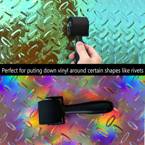 All In One Vinyl Wrap Roller Kit Pro Grade 2 In 1 Rivet Brush Applicator With Weeding Pin being used on metallic surface