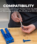 Kreg KPHA308 Easy-Set pocket-hole drill bit with stop collar and gauge, close-up with blue jig and hex wrench.