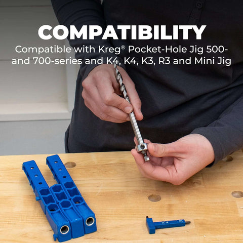 Kreg KPHA308 Easy-Set pocket-hole drill bit with stop collar and gauge, close-up with blue jig and hex wrench.