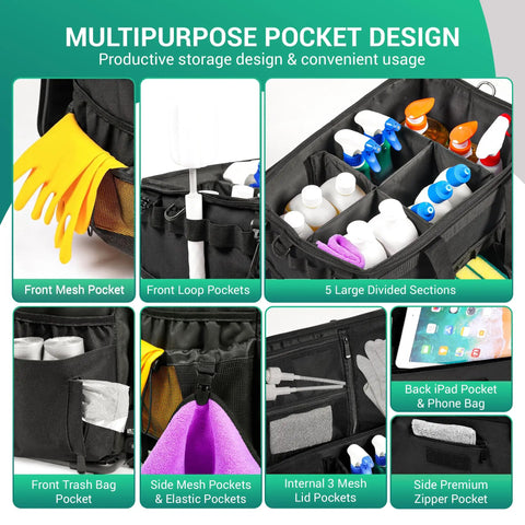 Heavy Duty Rolling Cleaning Caddy On Wheels With Detachable Trolley And Lid Portable Cleaning Cart For Home Office And Car With Shoulder Strap And Waist Pouch Boss Level Cleaning Supplies Organizer showing multiple pockets and compartments.
