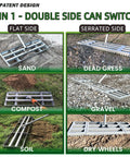 2-In-1 Lawn Leveling Rake With Flat And Serrated Sides, 48-Inch Heavy-Duty Stainless Steel, shown on sand, gravel, soil, and grass