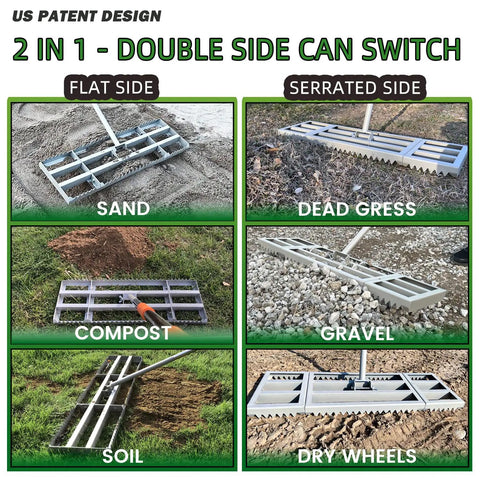 2-In-1 Lawn Leveling Rake With Flat And Serrated Sides, 48-Inch Heavy-Duty Stainless Steel, shown on sand, gravel, soil, and grass