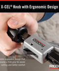 Close-up of Fast Acting Tubing Cutter with ergonomic XCEL knob showing hand grip for precise cutting of various tubing materials.