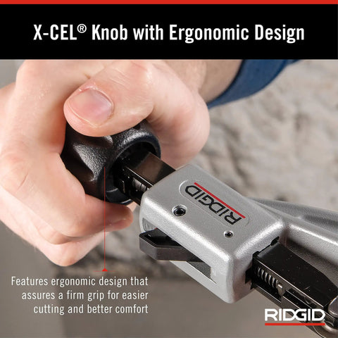 Close-up of Fast Acting Tubing Cutter with ergonomic XCEL knob showing hand grip for precise cutting of various tubing materials.