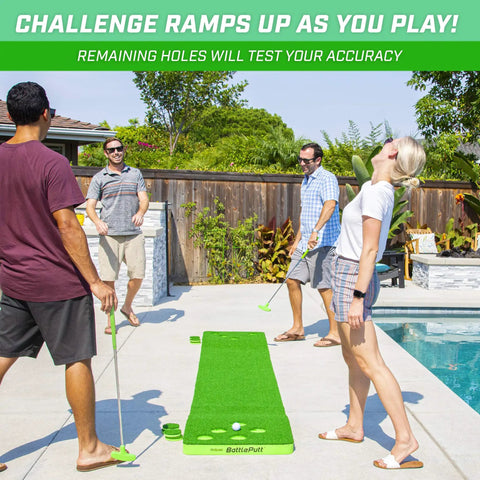 People playing on BattlePutt 11 Ft Backyard Putting Green Pong Style Golf Mat With Two Putters Two Balls Twelve Hole Covers.