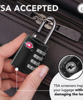 Close-up of TSA approved steel luggage lock in use on suitcase with visible 4-digit combination dial; 2 Pack No Fuss Durable Steel Luggage Locks