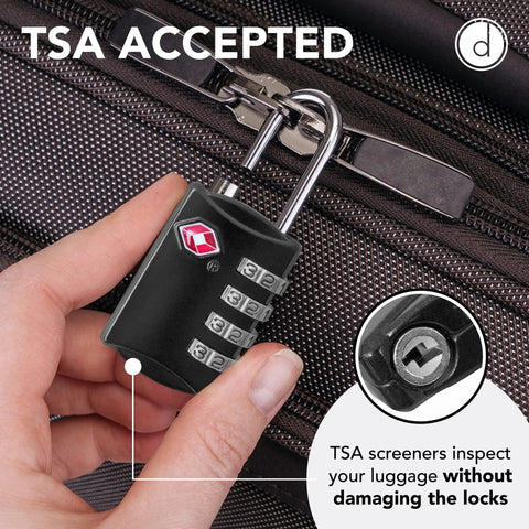 Close-up of TSA approved steel luggage lock in use on suitcase with visible 4-digit combination dial; 2 Pack No Fuss Durable Steel Luggage Locks