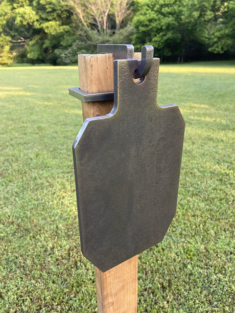 AR500 Hardened Steel Shooting Target 2x4 Topper Hook Three Eighths Inch Thick For 0.6 Inch Hole Mounting on wood frame