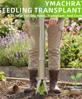 Person using Semi Automatic Long Handled Garden Planter Tool For Seedlings And Bulbs Transplanter Hole Digger And Soil Cover In One Easy No Bending Required Operation For Vegetables Flowers And Garden Beds in a garden bed
