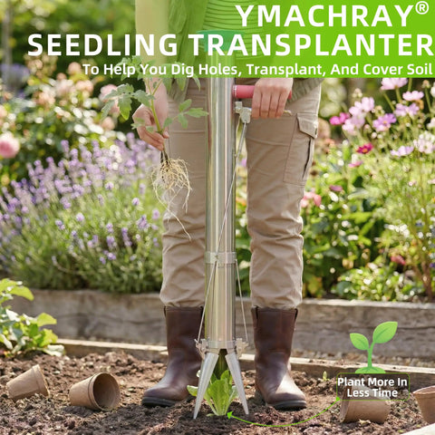 Person using Semi Automatic Long Handled Garden Planter Tool For Seedlings And Bulbs Transplanter Hole Digger And Soil Cover In One Easy No Bending Required Operation For Vegetables Flowers And Garden Beds in a garden bed