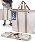 Grab And Go Collapsible Laundry Caddy Tote With Handles, XXL 64L Pop Up Laundry Basket, 2 Pack in Luxe Cream Herringbone
