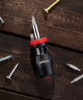 Stubby Ratcheting Screwdriver Kit With 14-In-1 Mini Bit Set Including Flathead, Hex, Torx, Square, And Pozidriv Tips Compact