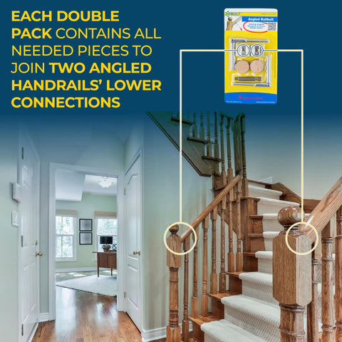 Stairwell with Angled Railbolt Handrail To Newel Post Connector Kit for lower connections in residential installations.