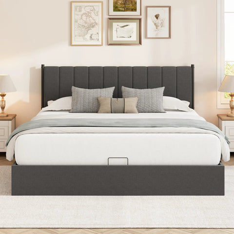 King Lift Up Storage Bed Frame With Linen Headboard In Dark Gray in modern bedroom, front view