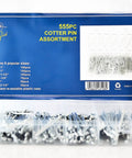 555 Piece Cotter Pin Assortment In Spring Steel With Zinc Plating Includes One Sixteenth Inch By One Inch Pins And Three Thirty Second Inch By One Inch Pins Plus Other Sizes Comes In A Handy PP Storage Case With Size Chart For Quick Identification.