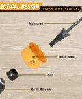 Super Cool 15 Piece Hole Saw Set With 12 Sizes From 3 4 Inch To 3 Inches Plus Two Heavy Duty Arbors And Hex Key For Wood Plastic Soft Metal Home DIY Projects Make Cutouts A Breeze. hole saw, mandrel, nut, drill chuck