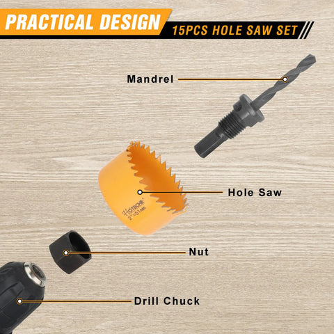 Super Cool 15 Piece Hole Saw Set With 12 Sizes From 3 4 Inch To 3 Inches Plus Two Heavy Duty Arbors And Hex Key For Wood Plastic Soft Metal Home DIY Projects Make Cutouts A Breeze. hole saw, mandrel, nut, drill chuck