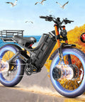 Heavy Duty 5600W Dual Motor Electric Mountain Bike With A Long Range Beast 60V 80Ah Battery Pack, side view showing fat tires and air suspension.