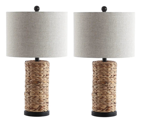 Natural Coastal Water Hyacinth Table Lamp Set Of 2 With Light Grey Linen Shade For Living Room Or Nightstand Cozy Chic Boho Farmhouse Decor LED Bulbs Included ETL Listed Safety 25 Inch Tall Lamps