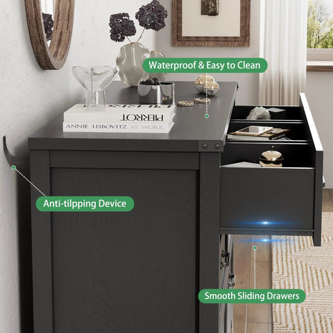 Slap Some Order On Your Room With This 63 Inch Wide Nine Drawer Bedroom Dresser Boasting Deep Storage Heavy Duty Handles Sleek Black Finish Modern TV Stand For Killer Organization, showing anti-tipping device and smooth sliding drawers.