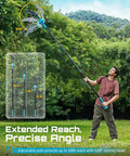 Go Higher Faster With This Slick Two In One Cordless Pole Saw That Transforms From Handheld Chainsaw To High Reach Tree Trimmer For Quick Pruning Effortless Branch Cutting And Zero Sweat Yard Work, showing adjustable pole up to 15ft and 120° cutting head.