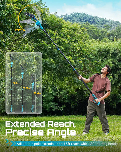 Go Higher Faster With This Slick Two In One Cordless Pole Saw That Transforms From Handheld Chainsaw To High Reach Tree Trimmer For Quick Pruning Effortless Branch Cutting And Zero Sweat Yard Work, showing adjustable pole up to 15ft and 120° cutting head.