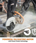R230DCT 9 Inch Concrete Saw With 15A Motor cutting through concrete with wheeled skid plate and diamond masonry blade in use.