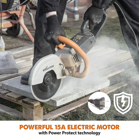 R230DCT 9 Inch Concrete Saw With 15A Motor cutting through concrete with wheeled skid plate and diamond masonry blade in use.