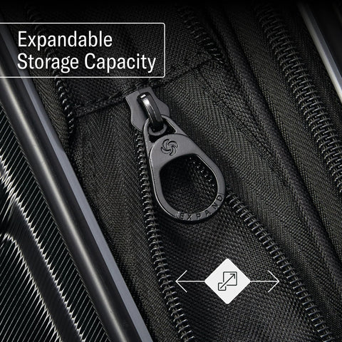 Close-up of black Samsonite Omni 2 luggage zipper with expandable storage capacity indicator