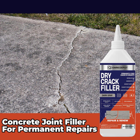 No Sweat Dark Gray Crack Filler For Concrete Repair And Garage Floors With Natural Finish Quick Cure Joint Sealer For Driveway And Patio Patching Busted Concrete Straight Up bottle on cracked concrete surface.