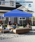 10X10 Pop Up Canopy Tent With Slant Leg Design, Easy Setup Outdoor Gazebo Shelter on patio with people relaxing underneath
