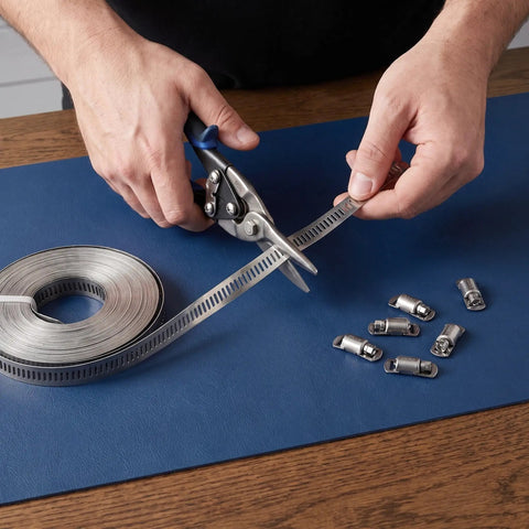 Hose Clamp Roll Kit With Custom Cut Lengths By The Foot Perfect For Home Projects And Industrial Uses To Fit Any Pipe Sizes With Ease, stainless steel band cut with snips