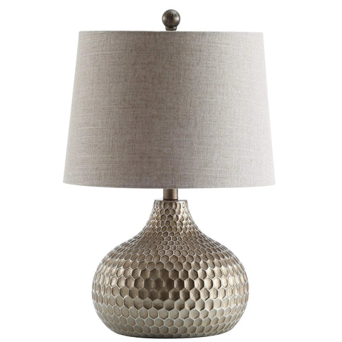 Antique Brown Honeycomb Resin Table Lamp With Teardrop Textured Base And Gray Linen Drum Shade LED Bulb Included For Living Room And Bedroom