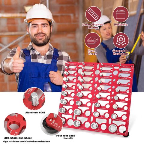 Amazon red aluminum 6061 bolt thread gauge board with metric and standard sizes; wall-mountable.