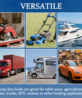 Collage showing red power saw, blue lawn mower, white yacht, red truck, RV motorhome, and orange SUV, illustrating versatility.