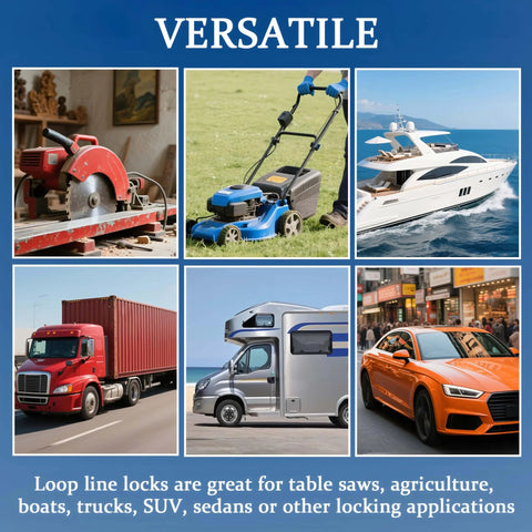 Collage showing red power saw, blue lawn mower, white yacht, red truck, RV motorhome, and orange SUV, illustrating versatility.