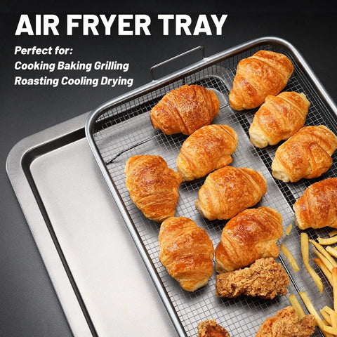Extra Large Oven Air Fryer Basket Set, Stainless Steel Tray, Large Capacity 17.5 X 11.8 Inches with croissants and chicken
