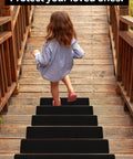 Child walking on steps with 6 by 30 inch non slip stair tape visible, focus on 10 pack black anti slip strips for safety
