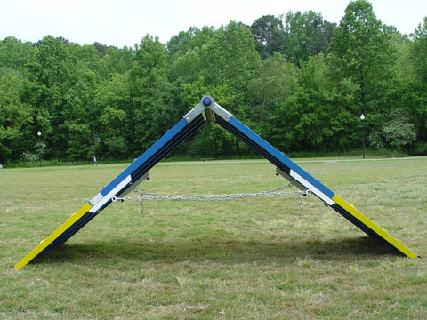 Five Foot Agility A Frame With Rubber Tops On Aluminum Supporting Boards In Blue Yellow No Fuss Setup For Easy Training For Pups